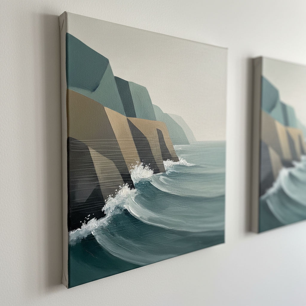 A close-up of a finely detailed painting of an abstracted coastline, where cliffs and waves become overlapping trapezoids and arcs in a restrained palette of muted teal, foggy gray, and warm stone. The canvas texture is gently visible, with thin, deliberate brushstrokes catching soft, directional studio light from the left. The painting is mounted on a pale, matte wall, with only a slim shadow at its edge and a blurred hint of another geometric landscape in the background. Captured from a slightly angled perspective with shallow depth of field, the mood is serene and introspective, emphasizing subtle gradients, elegant composition, and the sophistication of contemporary Pacific Northwest landscape abstraction.