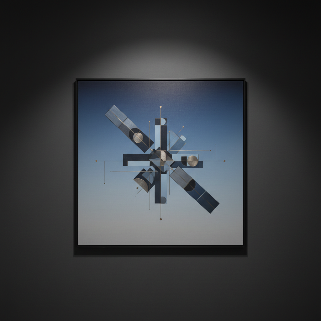 A large, square painting of a satellite in orbit, depicted not as a literal machine but as a sophisticated arrangement of intersecting rectangles, circles, and thin lines hovering over a muted, gradient sky of deep indigo fading to soft steel gray. Subtle metallic accents in brushed pewter suggest panels and antennae without explicit detail. The painting hangs alone on a dark, matte wall, illuminated by a single, focused gallery spotlight that creates a delicate halo and gentle vignette. Captured straight-on with balanced framing and ample negative space, the photographic image feels calm and contemplative, evoking quiet technological mystery and cosmic distance while preserving a minimalist, elegant aesthetic aligned with refined fine art photography.