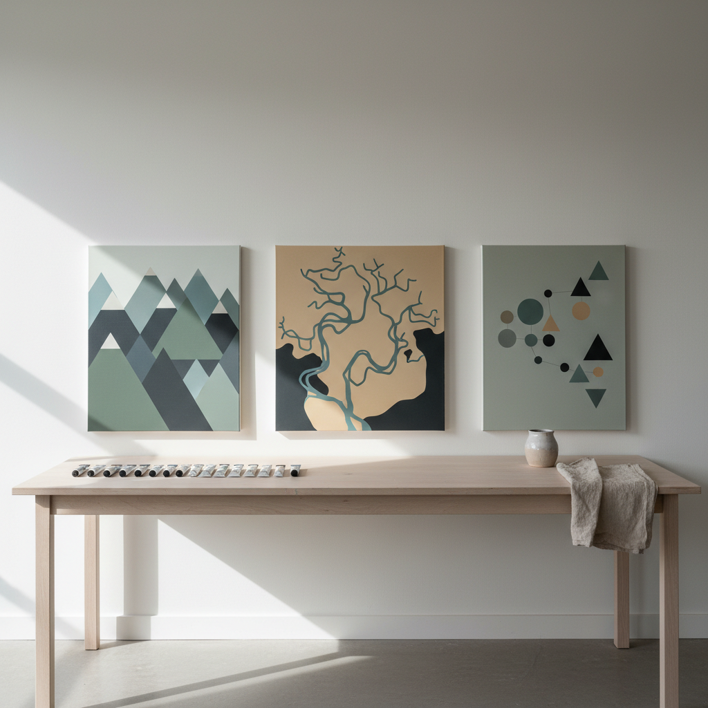 A serene studio scene featuring three medium-sized canvases leaning against a smooth, off-white wall: one shows a geometrically abstracted mountain range, another a stylized river delta, and the third a constellation of satellites rendered as minimal, interlocking shapes. All use a cohesive muted palette of charcoal, foggy blue, lichen green, and soft ochre. A wide, pale wood table in the foreground holds neatly arranged paint tubes, a single ceramic water vessel, and a folded linen rag. Gentle northern daylight enters from an unseen window, creating soft, elongated shadows and a calm, contemplative atmosphere. Photographed at a slightly elevated angle with a clean, modern, photographic realism, the composition emphasizes order, refinement, and the intellectual rigor of the fine art practice.