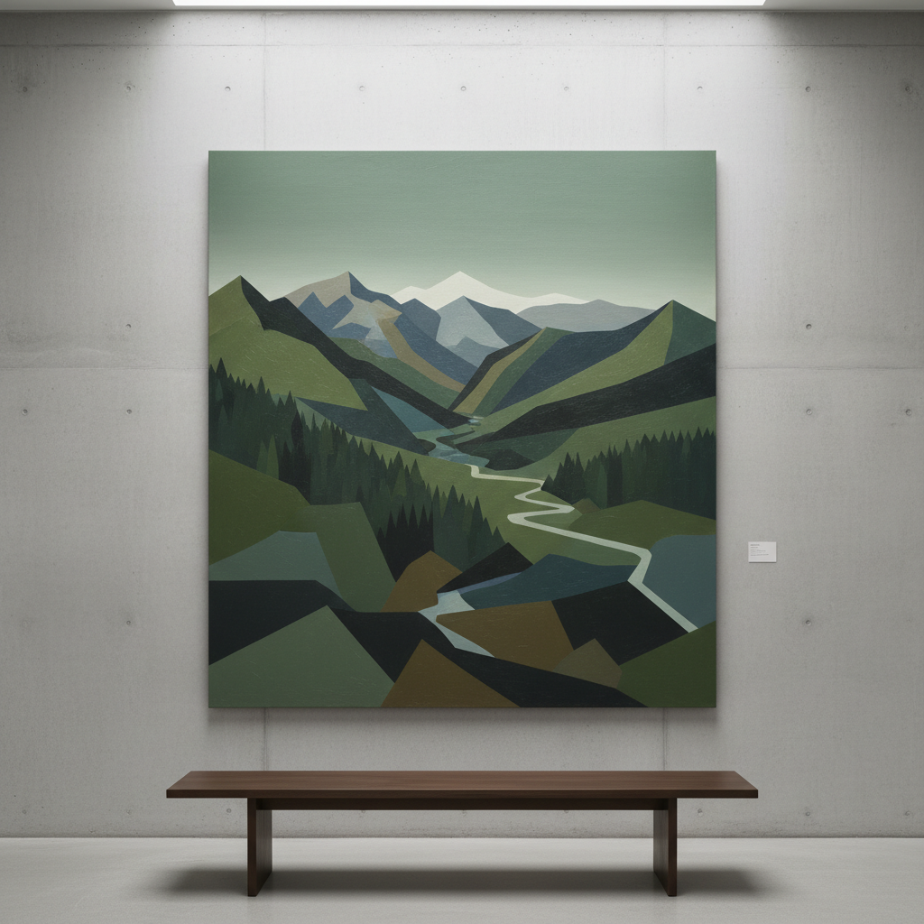A large, meticulously painted canvas of a Pacific Northwest landscape, where mountains, forests, and rivers are reduced to interlocking geometric planes in muted moss green, slate blue, and soft umber. The painting rests on a clean, light concrete wall in a minimalist gallery space, above a low, dark wood bench. Diffused overcast light from a high, unseen skylight creates subtle gradients across the painted surface, emphasizing refined brushwork and crisp edges. Shot straight-on at eye level with sharp focus, the composition feels balanced and contemplative, with generous negative space around the artwork. The photographic realism and quiet, sophisticated atmosphere highlight the fine art quality and abstracted landscape theme without visual clutter.