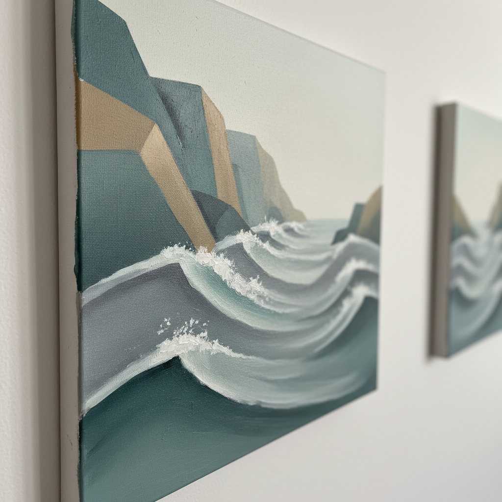 A close-up of a finely detailed painting of an abstracted coastline, where cliffs and waves become overlapping trapezoids and arcs in a restrained palette of muted teal, foggy gray, and warm stone. The canvas texture is gently visible, with thin, deliberate brushstrokes catching soft, directional studio light from the left. The painting is mounted on a pale, matte wall, with only a slim shadow at its edge and a blurred hint of another geometric landscape in the background. Captured from a slightly angled perspective with shallow depth of field, the mood is serene and introspective, emphasizing subtle gradients, elegant composition, and the sophistication of contemporary Pacific Northwest landscape abstraction.