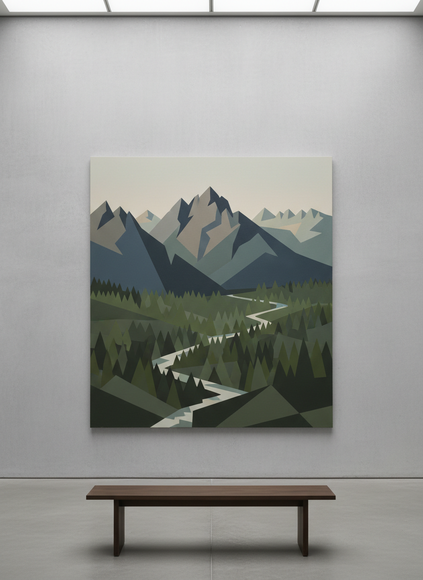 A large, meticulously painted canvas of a Pacific Northwest landscape, where mountains, forests, and rivers are reduced to interlocking geometric planes in muted moss green, slate blue, and soft umber. The painting rests on a clean, light concrete wall in a minimalist gallery space, above a low, dark wood bench. Diffused overcast light from a high, unseen skylight creates subtle gradients across the painted surface, emphasizing refined brushwork and crisp edges. Shot straight-on at eye level with sharp focus, the composition feels balanced and contemplative, with generous negative space around the artwork. The photographic realism and quiet, sophisticated atmosphere highlight the fine art quality and abstracted landscape theme without visual clutter.