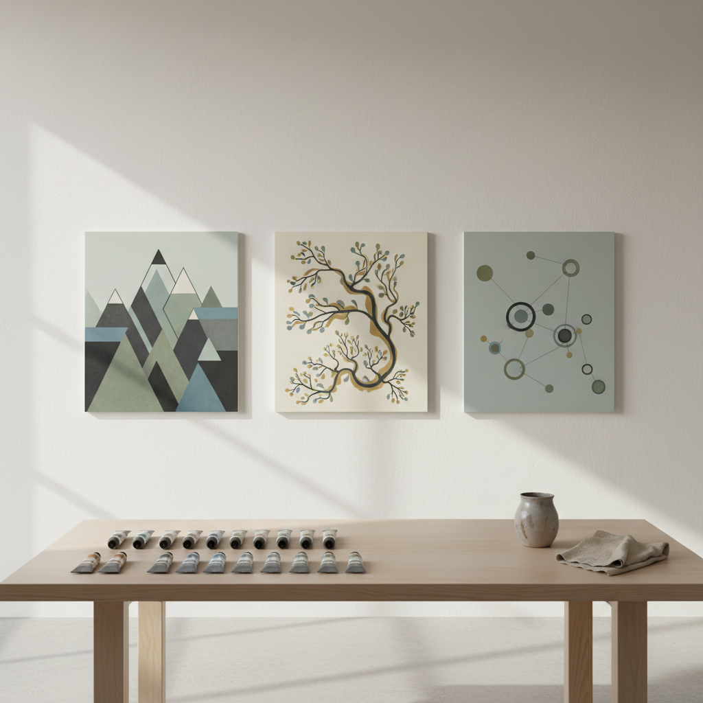 A serene studio scene featuring three medium-sized canvases leaning against a smooth, off-white wall: one shows a geometrically abstracted mountain range, another a stylized river delta, and the third a constellation of satellites rendered as minimal, interlocking shapes. All use a cohesive muted palette of charcoal, foggy blue, lichen green, and soft ochre. A wide, pale wood table in the foreground holds neatly arranged paint tubes, a single ceramic water vessel, and a folded linen rag. Gentle northern daylight enters from an unseen window, creating soft, elongated shadows and a calm, contemplative atmosphere. Photographed at a slightly elevated angle with a clean, modern, photographic realism, the composition emphasizes order, refinement, and the intellectual rigor of the fine art practice.