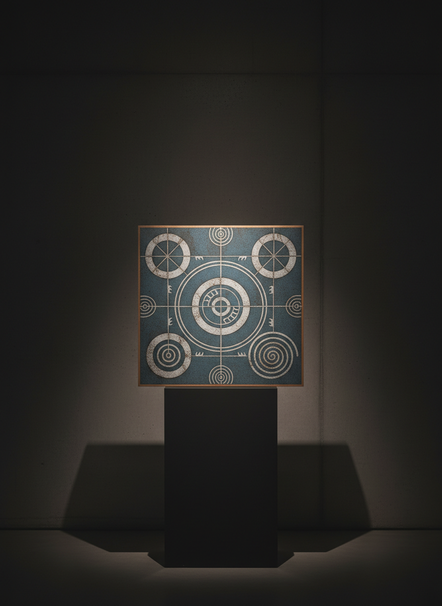 An atmospheric composition centered on a meticulously painted panel inspired by Neolithic European art, where ancient stone circles and carved symbols are reimagined as balanced, geometric forms. Softly weathered circles, lines, and spirals in muted earth tones—chalk white, peat brown, and lichen gray—float over a subtly textured, slate-blue ground. The panel rests on a slender, dark plinth in a dim, sophisticated gallery corner, with a narrow beam of warm light from above grazing its surface and revealing fine texture. The surrounding walls fade into gentle shadow. Photographed at eye level with a quiet, symmetrical composition and photographic realism, the mood is contemplative and timeless, suggesting a dialogue between prehistoric forms and contemporary abstraction.